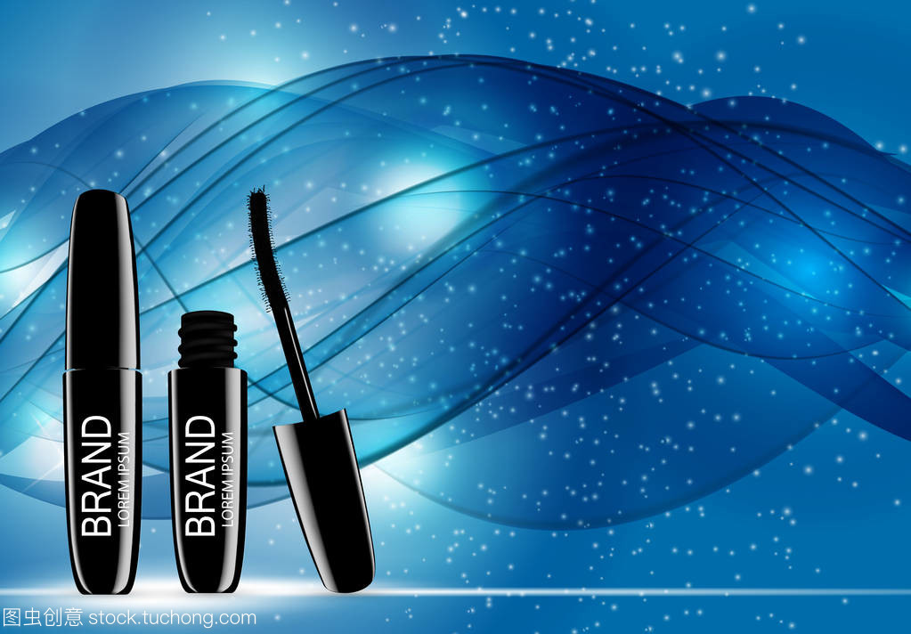 時裝設計化妝品產品模板的廣告或雜志背景。睫毛膏產品系列 Reportv 3d 逼真矢量 Iillustration